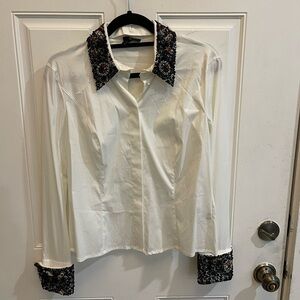 Escada White Button Down Detachable Beaded Collar and Cuffs.